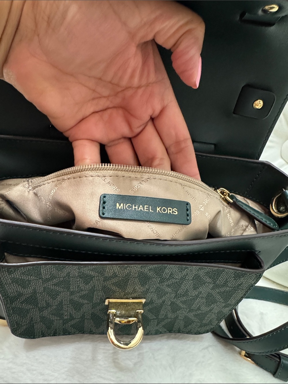 Michael Kors Forest Green Monogram Satchel with Gold Hardware - Picture 9 of 10